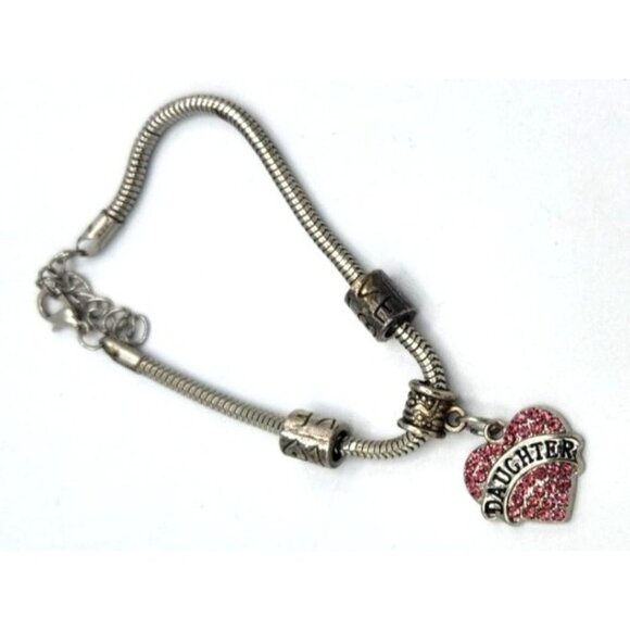 Red Crystal Heart Daughter Charm On Rope Chain Bracelet - Love Spacer Beads - Picture 3 of 3